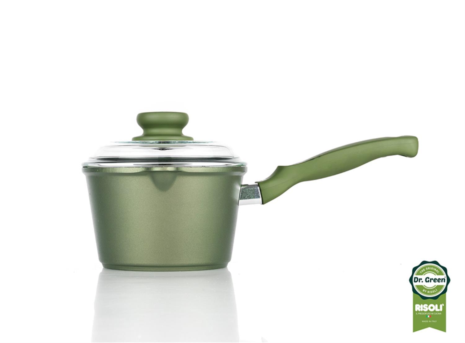 Dr. Green induction saucepan in die-cast aluminum with lid and one handle in bakelite, diam. 16cm