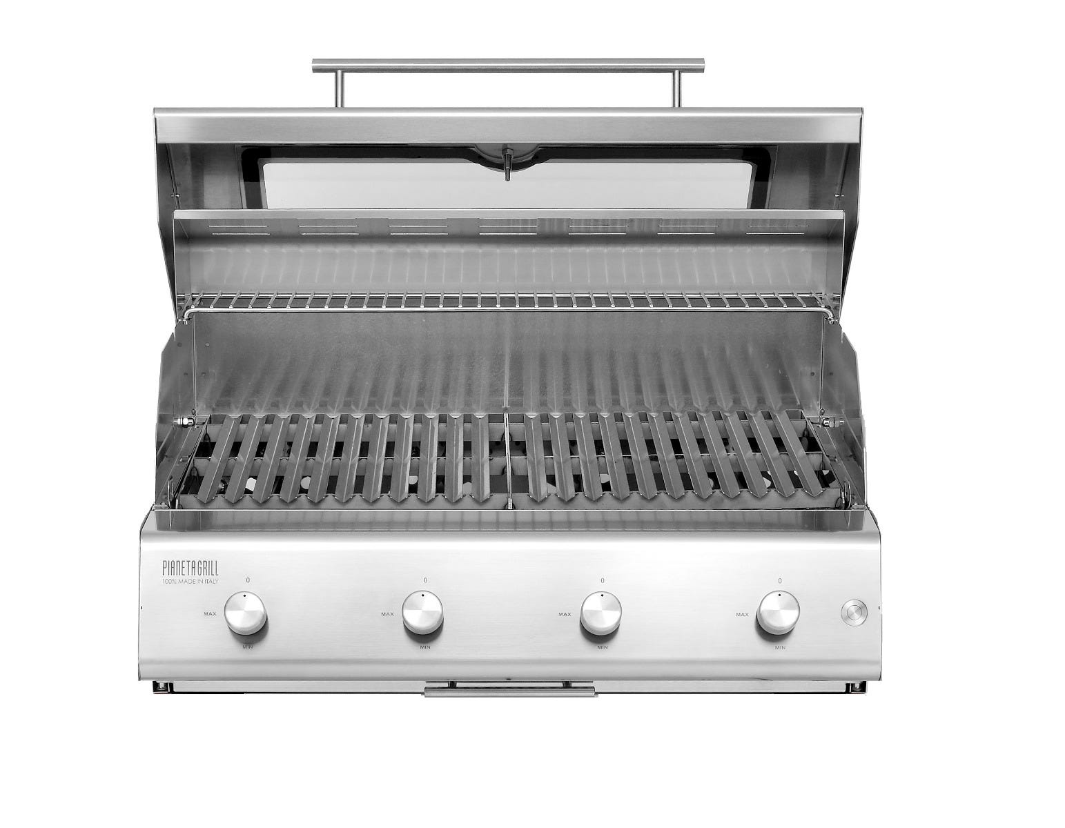 Barbecue a gas Fry Top 750 4 fuochi da incasso e appoggio Pianeta Grill, con griglie scolo a V