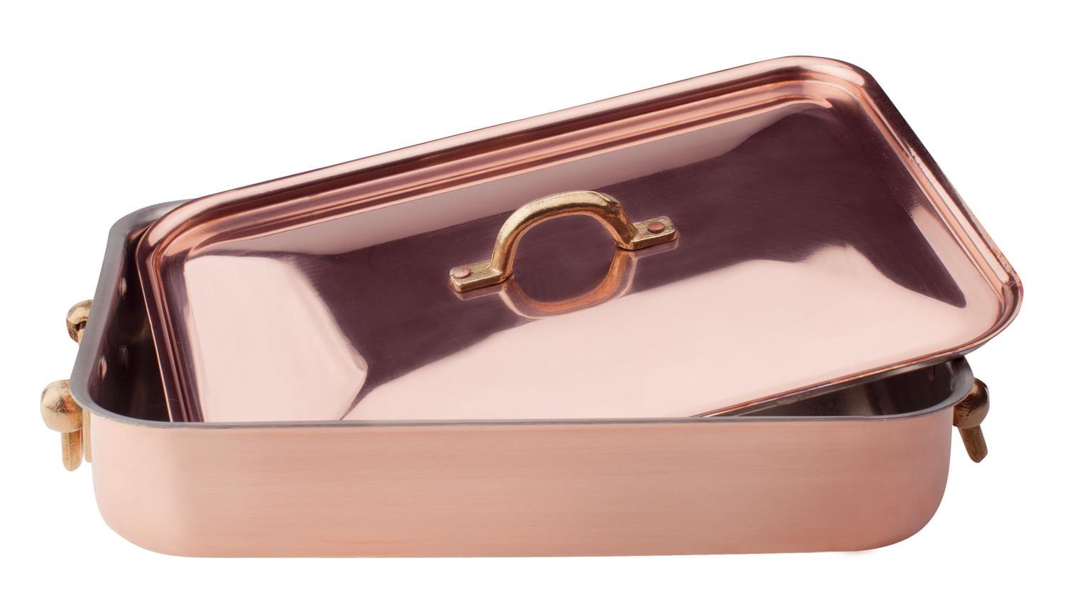 Rostiera Rettangolare in rame liscio stagnato a mano 2mm con coperchio, due maniglie in ottone,dim.36x26cm