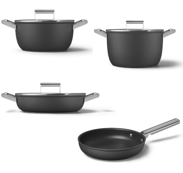 Batteria pentole in alluminio antiaderente per induzione Smeg Cookware, Nero 4 pezzi