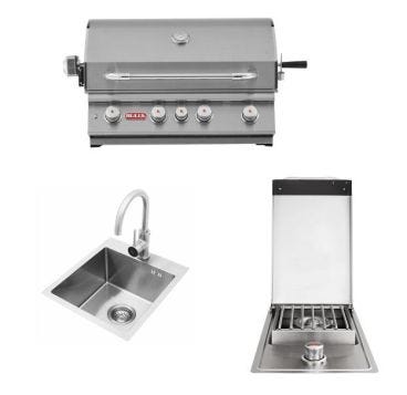 Built-in kit for outdoor kitchen with Angus methane barbecue, Bull stove and sink