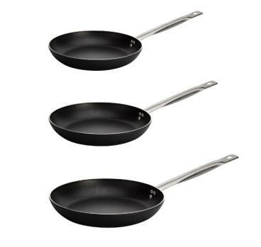 Tris di padelle svasate basse in alluminio antiaderente per induzione, spessore 4mm, diam. 24,28,32cm