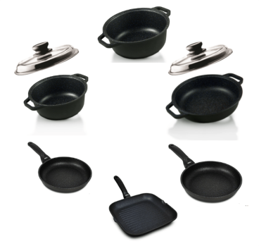 Batteria di pentole in alluminio pressofuso, linea Black Plus di Risolì, 9 pezzi