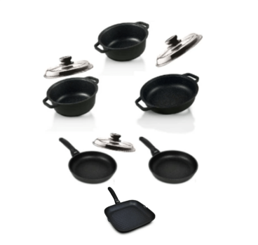 Batteria di pentole in alluminio pressofuso per induzione, linea Black Plus di Risolì, 9 pezzi