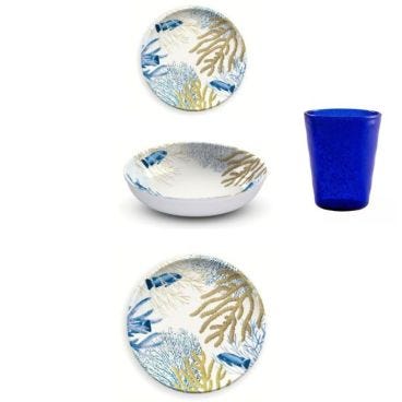 Melamine dinner set, Corallo line, 18 pieces + Memento methacrylate glass, Blue, 6 pieces