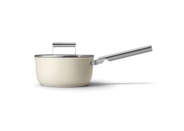PFAS-free non-stick aluminum saucepan for induction, 1 handle, with lid, cream color, diam. 20cm