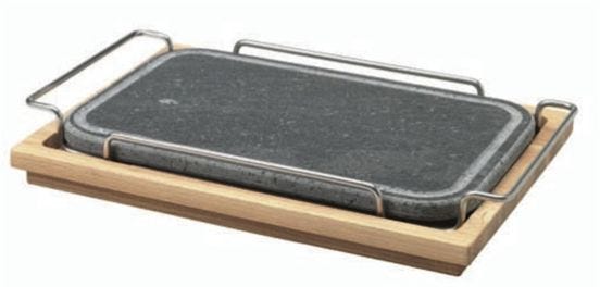 Pietra rettangolare spigoli arrotondati con supporto in acciaio e basamento in legno, diam. 25x35cm