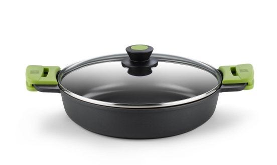 Low saucepan in non-stick aluminum for induction with Prior glass lid, diam. 36cm