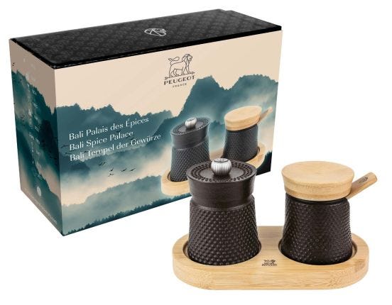 Pepper mill and salt holder with tray, H 8cm