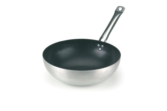 Wok con fondo piatto in alluminio antiaderente con manico in acciaio inox, spessore 5 mm, diam. 28cm