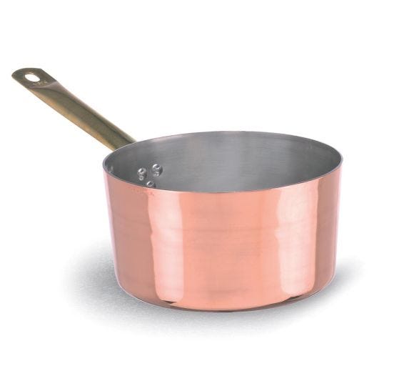 High casserole in hand-tinned smooth copper with a brass handle, diam. 28cm