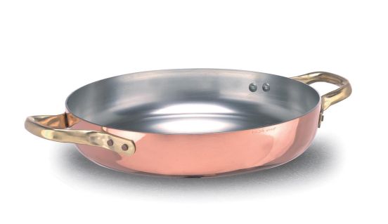 Pan in smooth hand-tinned copper with two brass handles, diam. 45cm