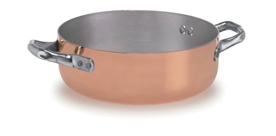 Casseruola Bassa in Rame Stagnato per induzione con due maniglie in acciaio inox, diam. 20cm