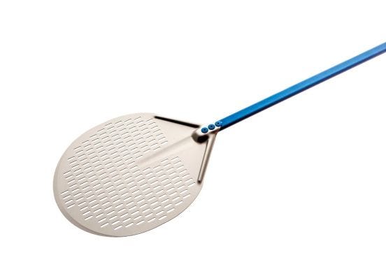 Round perforated anodized aluminum pizza shovel diam. 33cm, handle 0.6mt