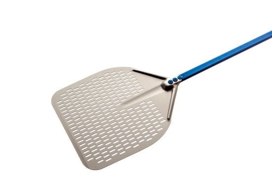 Rectangular perforated anodized aluminum pizza shovel, dim. 45x45cm, handle 0.6mt