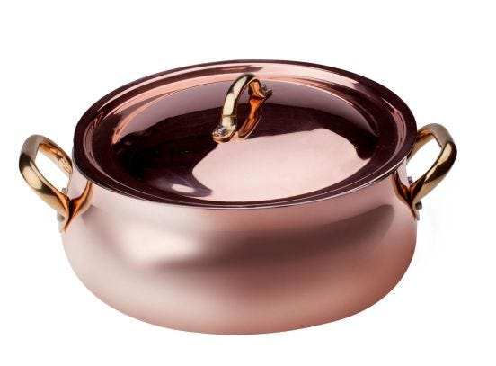 Casserole Low Domed smooth copper hand tinned 2mm with lid, diam. 24cm