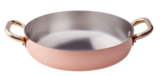 Pan in smooth hand-tinned copper 2mm, two brass handles, diam. 36cm