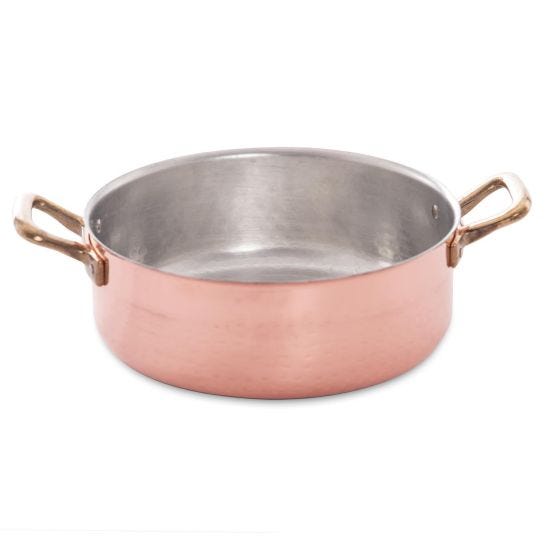 Casseruola bassa in rame martellato stagnato con due maniglie in ottone, diam. 18cm