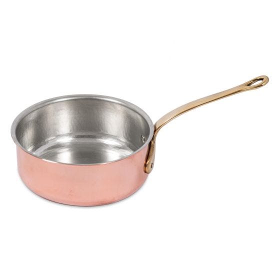 Low casserole in smooth tinned copper with brass handle, diam. 14cm