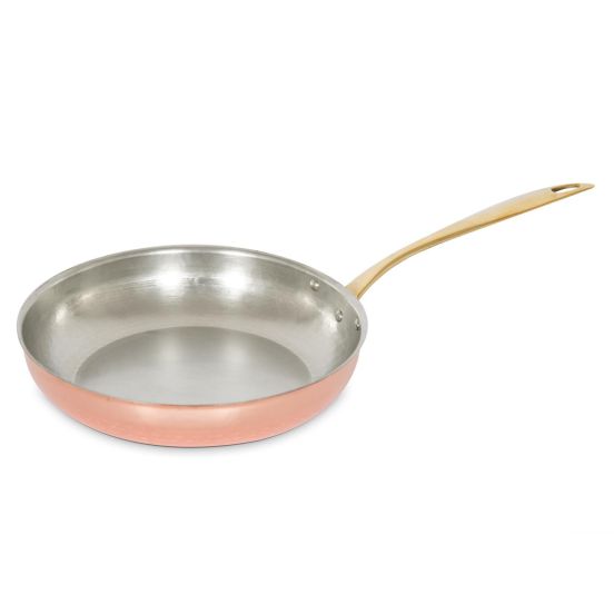 Low flared pan in hammered tinned copper with a brass handle, diam. 30cm