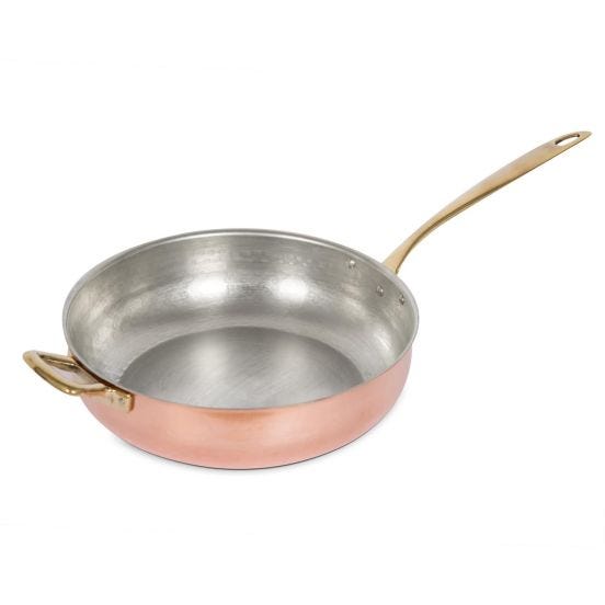 Tall flared pan in hammered tinned copper with a brass handle and handle, diam. 30cm