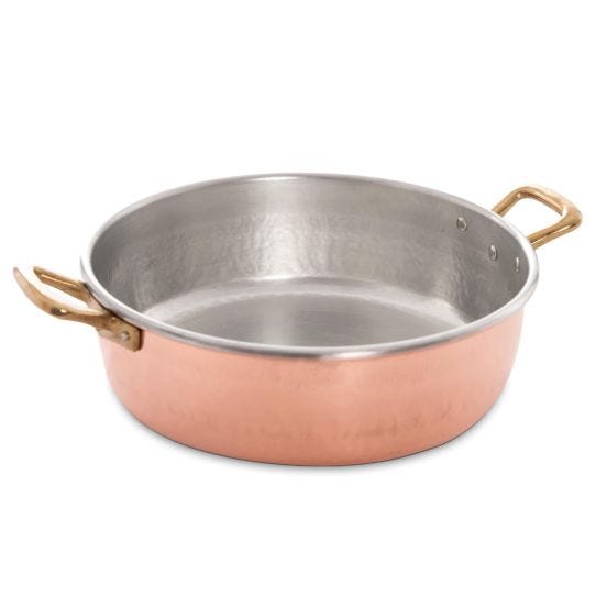 Casseruola bassa in rame martellato stagnato con due maniglie in ottone, diam. 24cm