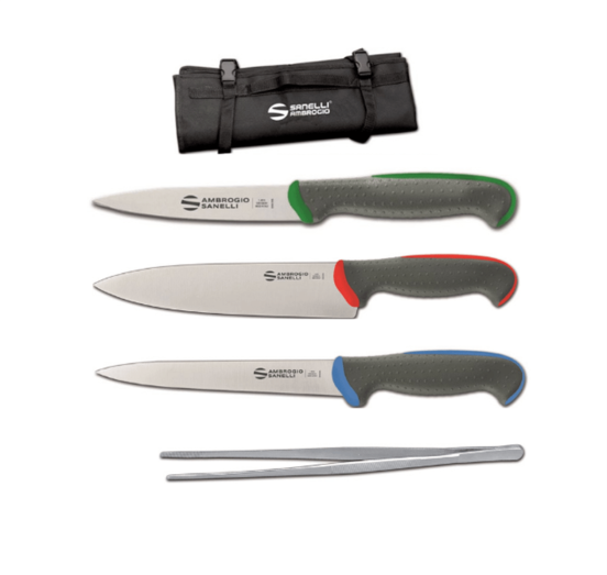 Easy Chef set of knives Tecna line with paring knife, kitchen knife, flexible fillet knife, chef tongs and empty knife roll, 5 pieces + free knife sharpener