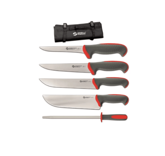 Butcher set of Tecna line knives with Supra steel and empty knife roll, 6 pieces + Free knife sharpener