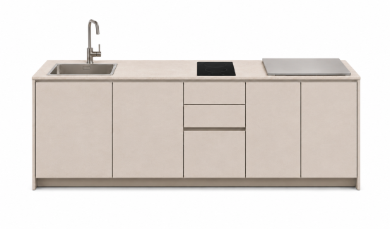 Cucina da esterno Vidali, Linea Sunny, 258 cm, con barbecue elettrico, piano cottura a induzione , frigorifero e lavello, in ceramica Travertino Bianco