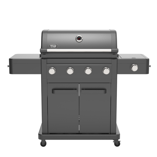Barbecue a gas Tahoe con carrello, 4 fuochi e bruciatore laterale, nero con manopole siver - Broil Chef