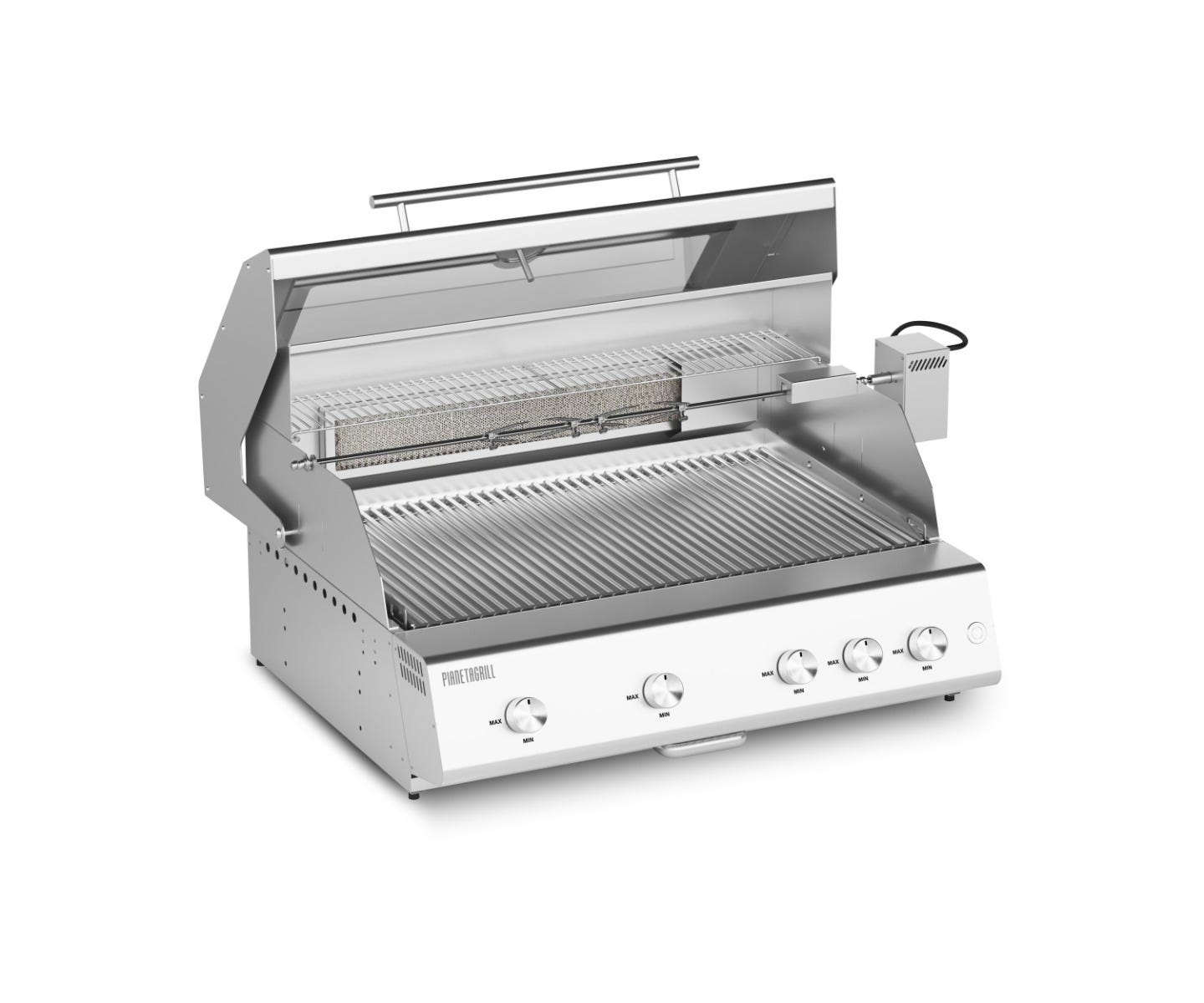 Barbecue a gas Fry Top 750 Range 5 fuochi con girarrosto Pianeta Grill, con griglie scolo a V